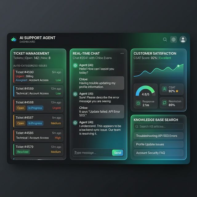 Dashboard de soporte con tickets y chat IA